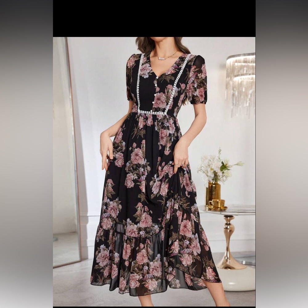 Elegant Floral Black Maxi Dress